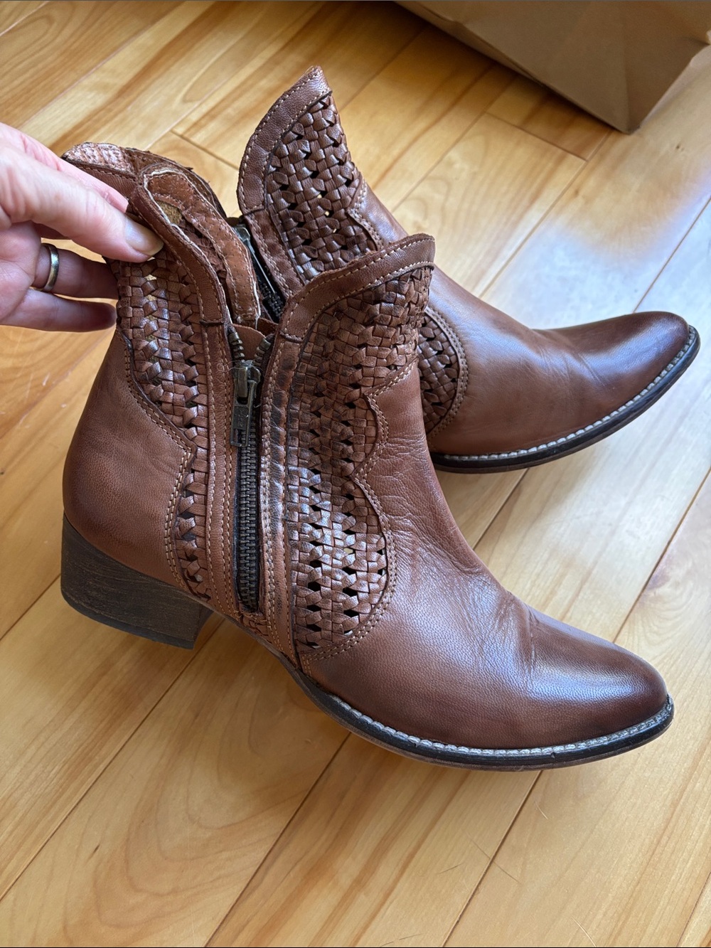 Seychelles Brown Double Zip Woven Leather Low Heeled Boots
